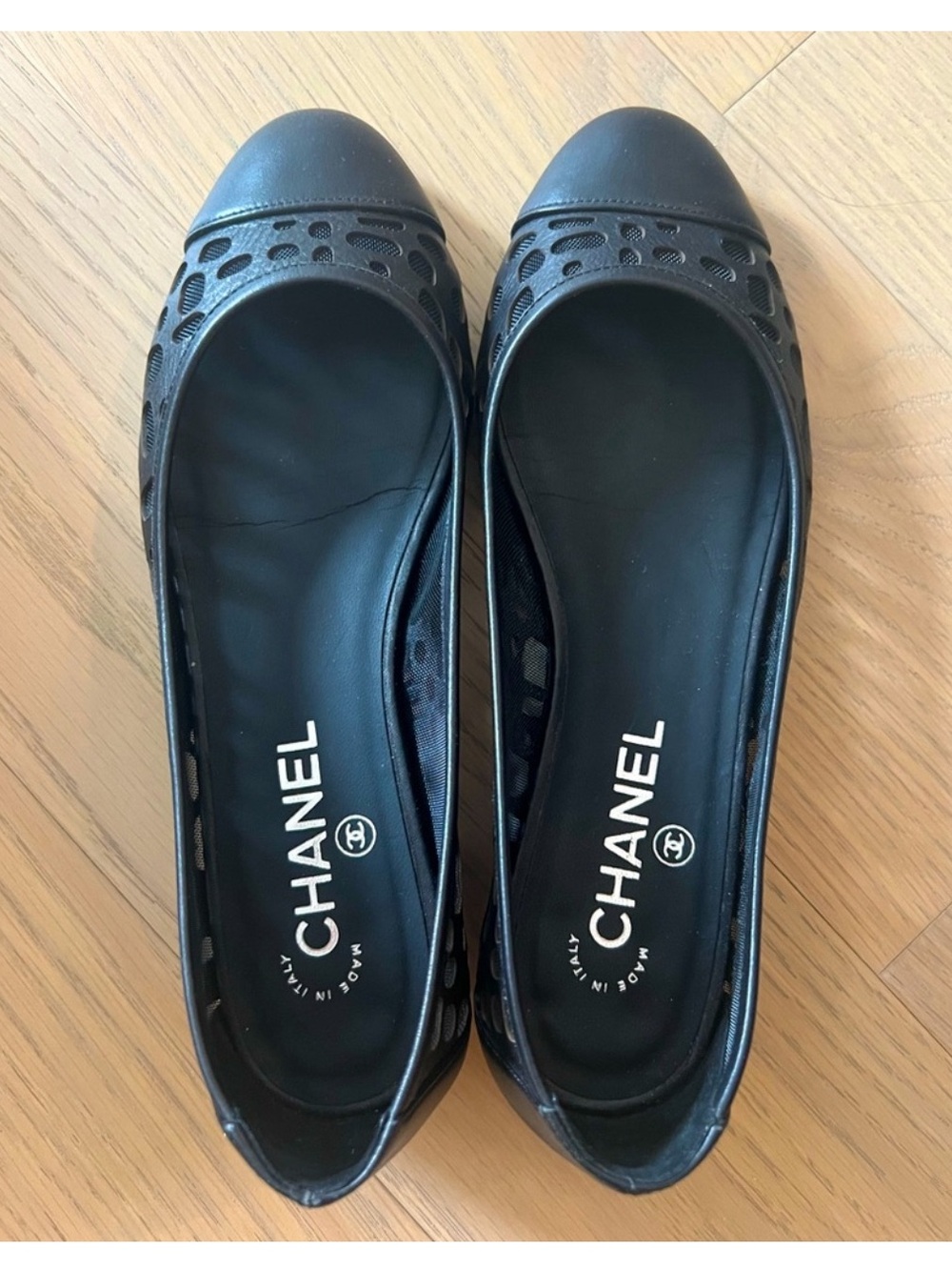 CHANEL Black Perforated Cap-Toe Leather Ballet Flats